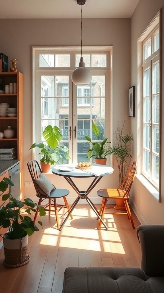 A bright and cozy breakfast nook with a small table, two chairs, and plants.