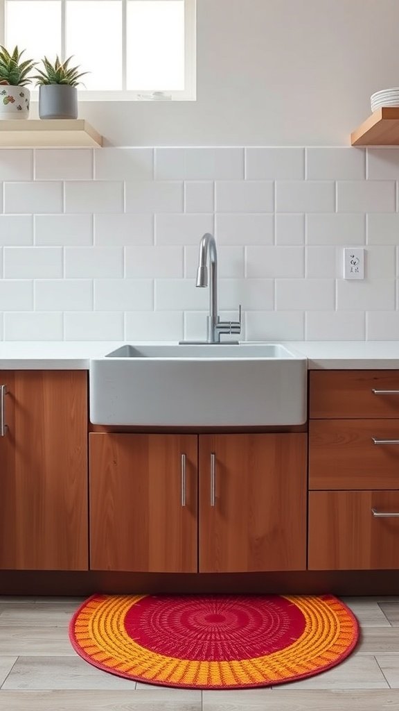 A colorful round kitchen mat in red and yellow placed in front of a sink.