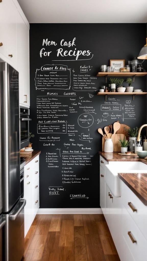A kitchen featuring a chalkboard wall with various notes and recipes written on it.