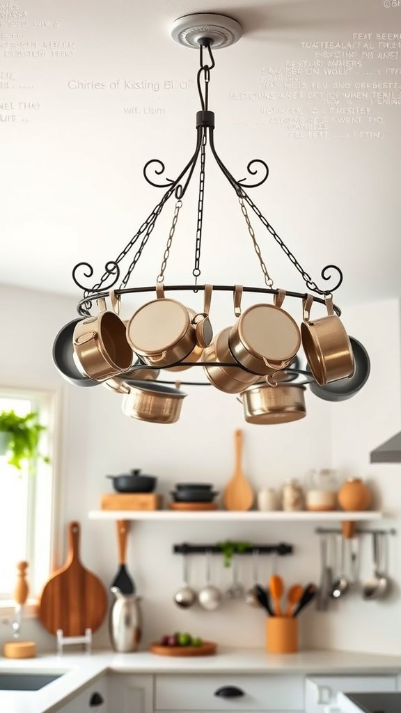A stylish pot rack hanging from the ceiling with pots and pans.