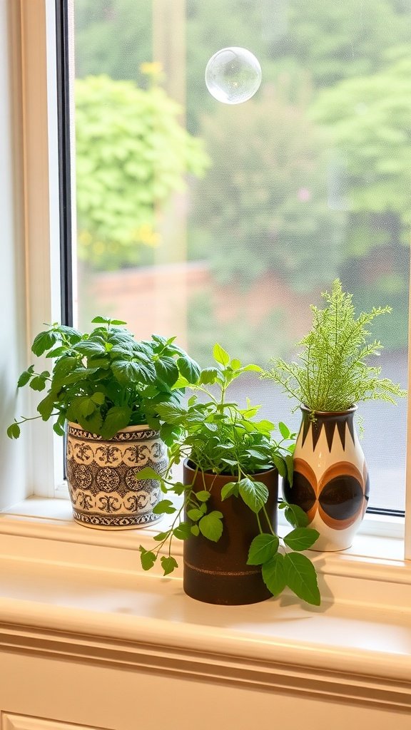 A small herb garden with pots of mint, basil, and a fern on a kitchen windowsill.
