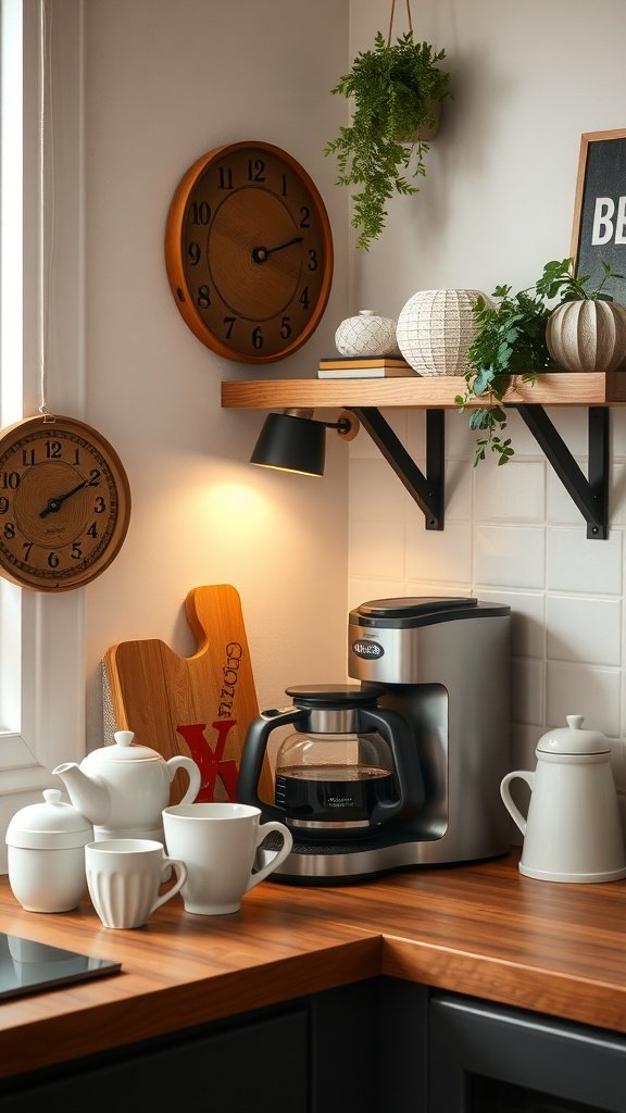 A cozy coffee station with a coffee maker, mugs, and decorative items on a wooden countertop.