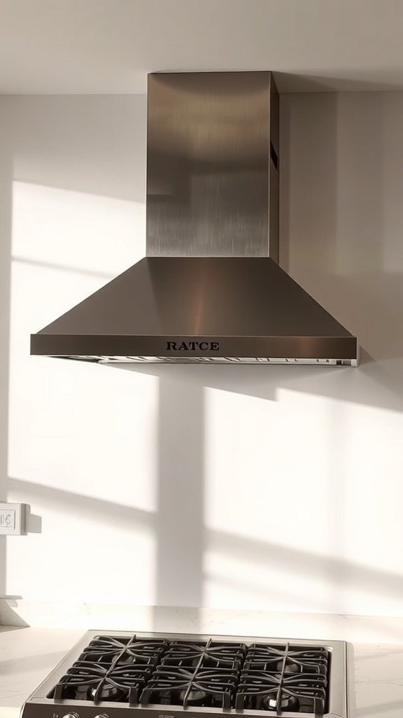 A modern stainless steel range hood above a gas stove in a bright kitchen.