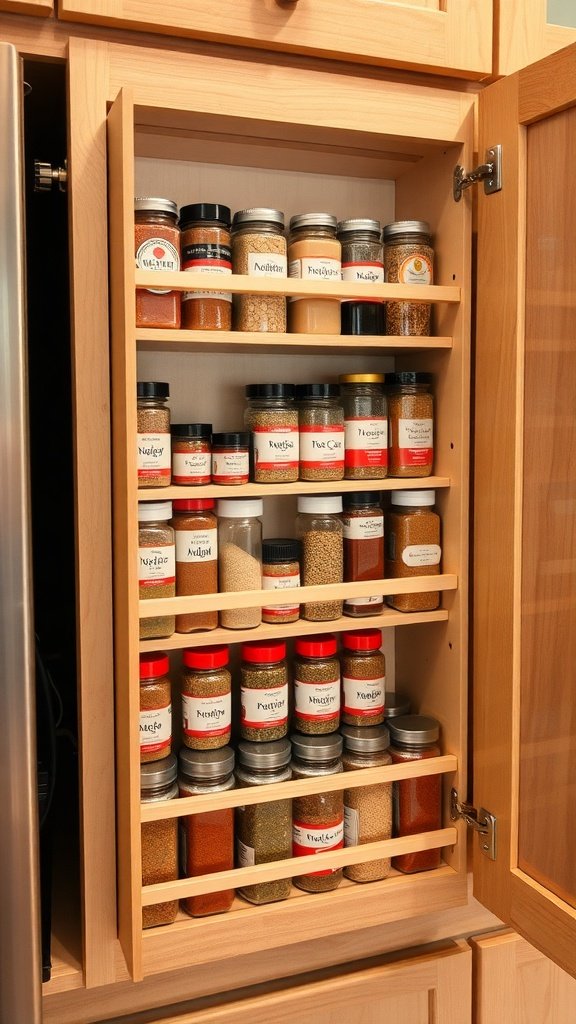A neatly organized built-in spice rack with various spice jars on wooden shelves.