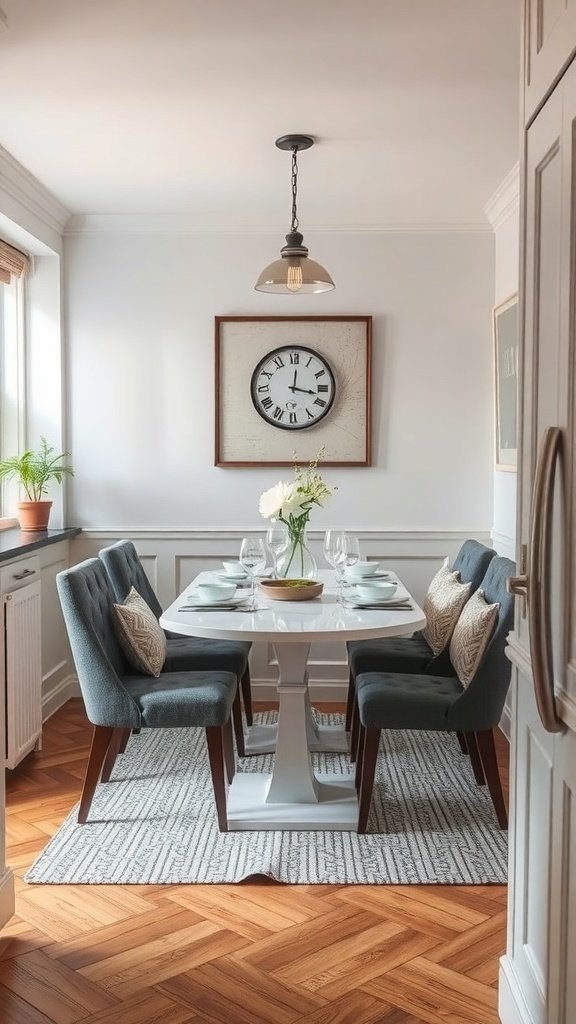 A stylish dining area featuring a modern table, comfortable chairs, and a decorative clock on the wall.