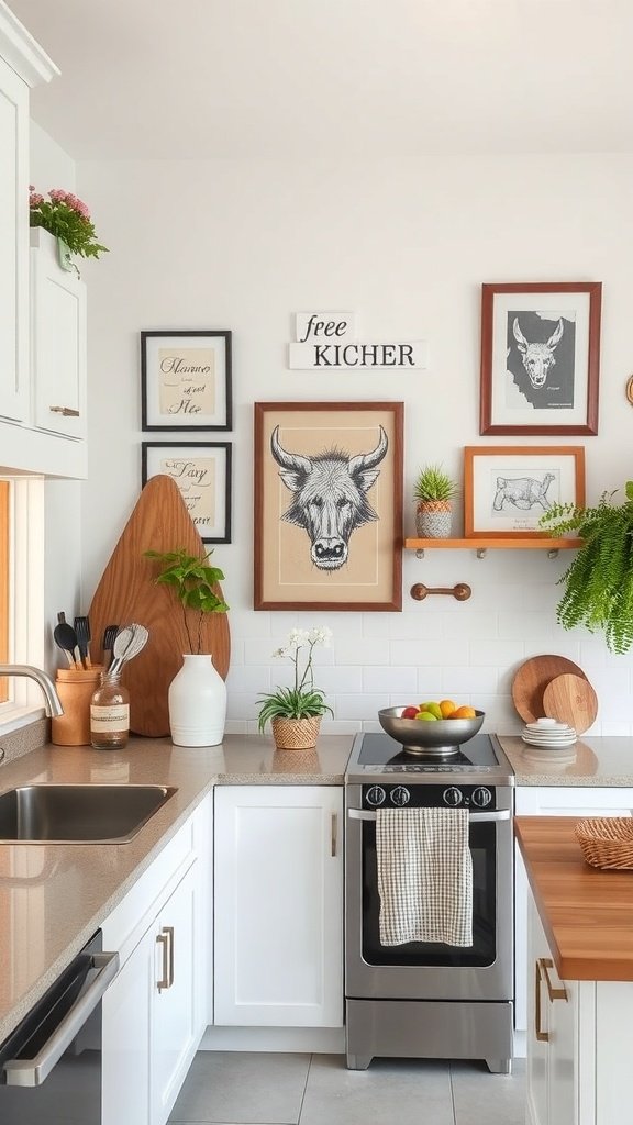 A cozy kitchen featuring various wall art, including framed prints and decorative signs.