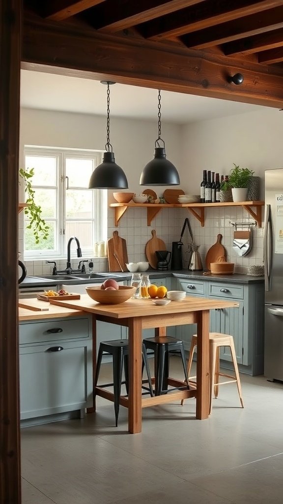 A cozy kitchen featuring a multi-functional table with stools, perfect for prep and dining.