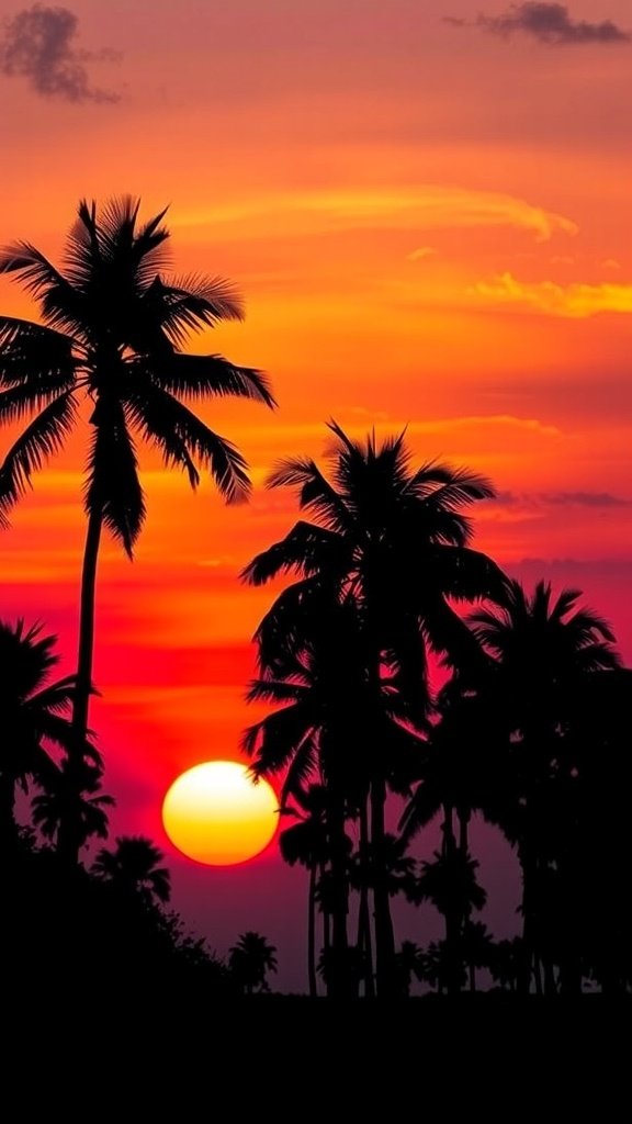 A beautiful sunset with palm trees silhouetted against a colorful sky.