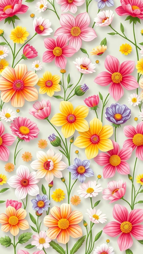 A vibrant floral pattern featuring various colorful flowers on a light background.