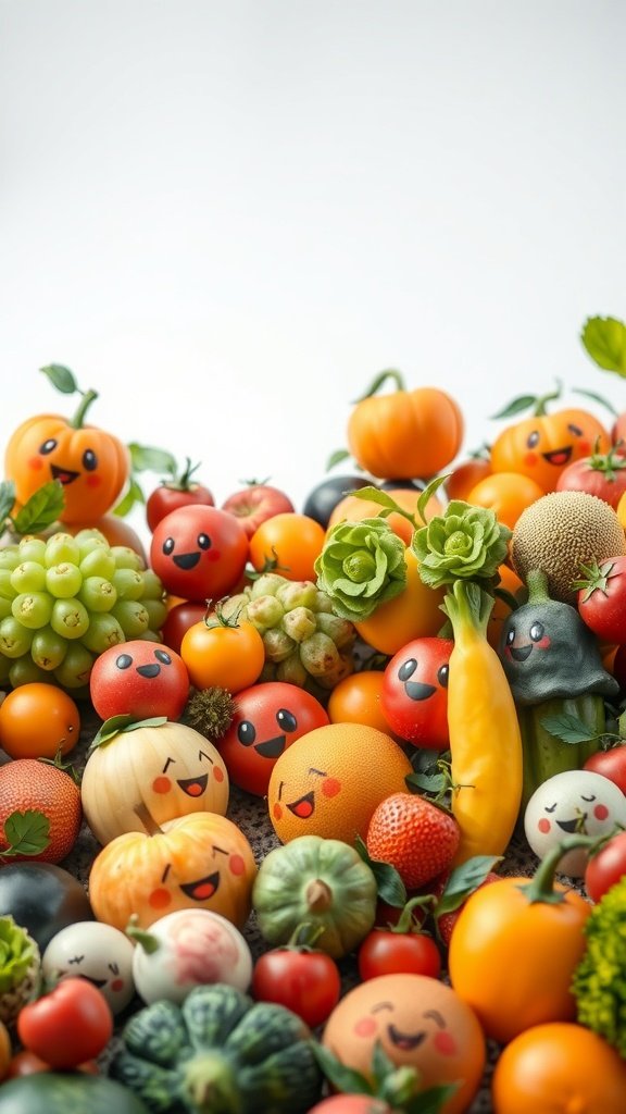 A collection of colorful food characters with happy faces, including fruits and vegetables.