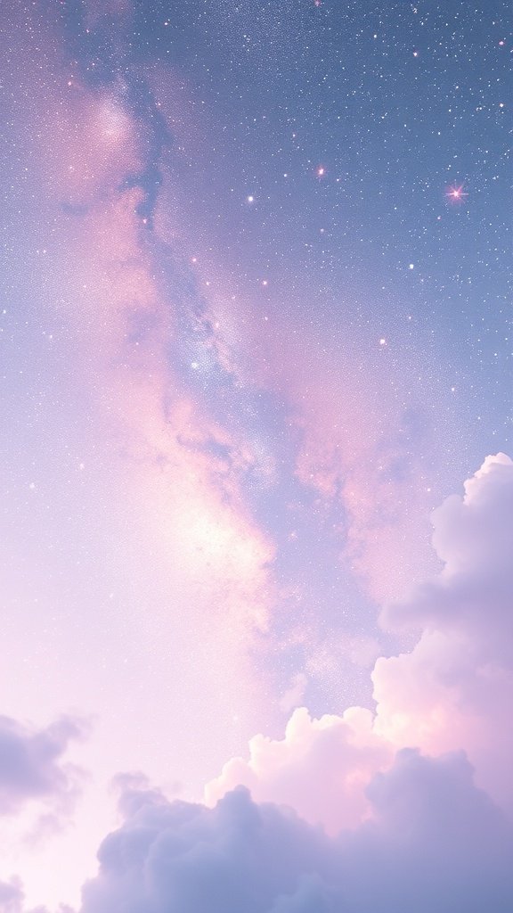 A pastel galaxy sky with pink and blue hues and soft clouds