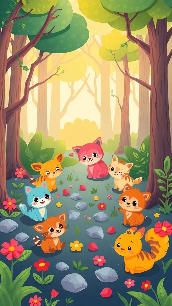 A colorful illustration of cute animals in a forest setting, surrounded by flowers and rocks.