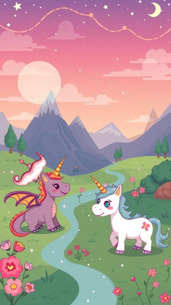 Chibi fantasy creatures including a unicorn and a dragon in a colorful landscape.