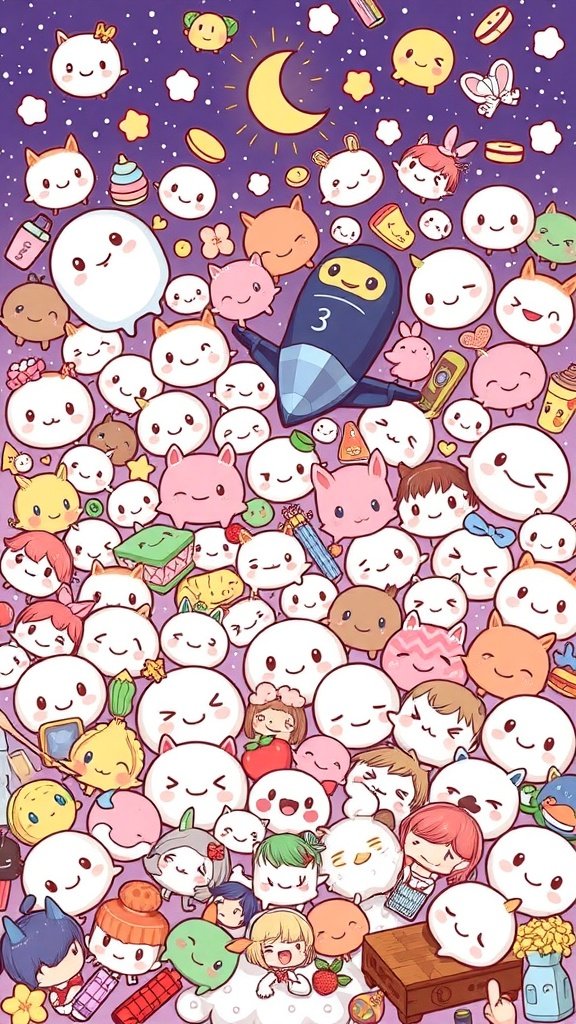 A colorful kawaii-style wallpaper featuring cute characters and playful designs.