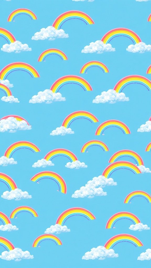 Colorful rainbow patterns with clouds on a blue background.