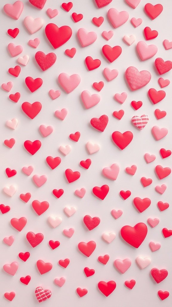 A variety of colorful heart shapes in red and pink tones scattered on a light background.