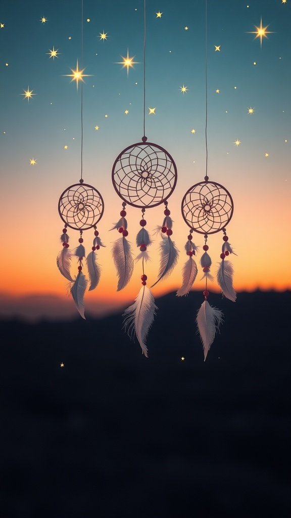 A serene image of dream catchers hanging against a colorful sunset sky with stars.