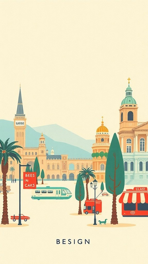 A vintage travel poster featuring a colorful cityscape with palm trees and iconic buildings.
