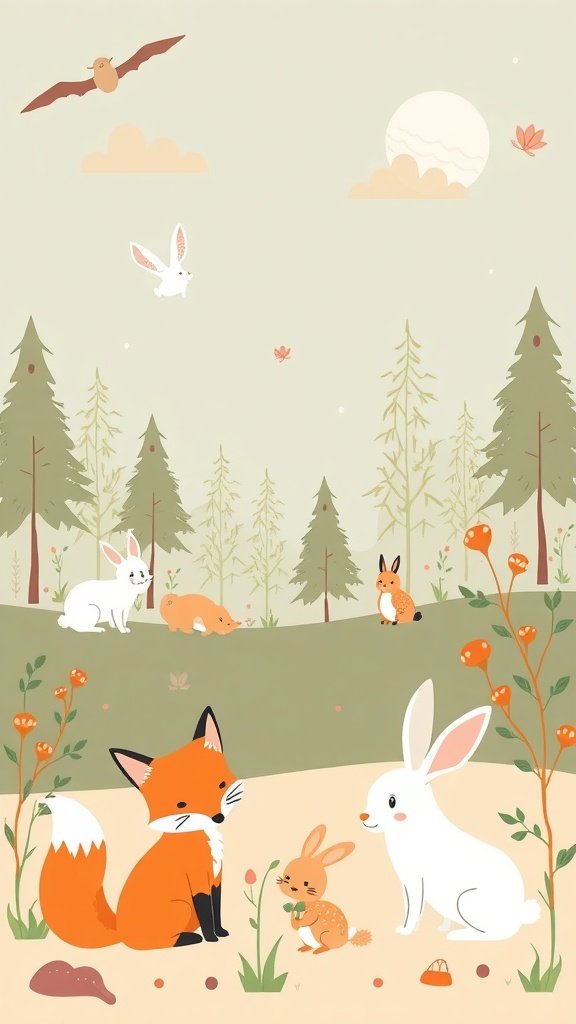 Cute woodland creatures including a fox, rabbits, and a bat in a forest setting.