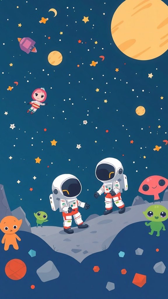Cute space-themed wallpaper featuring astronauts and colorful aliens in a starry background.