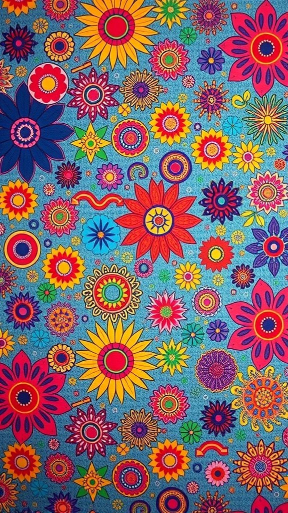 Colorful funky retro floral design wallpaper
