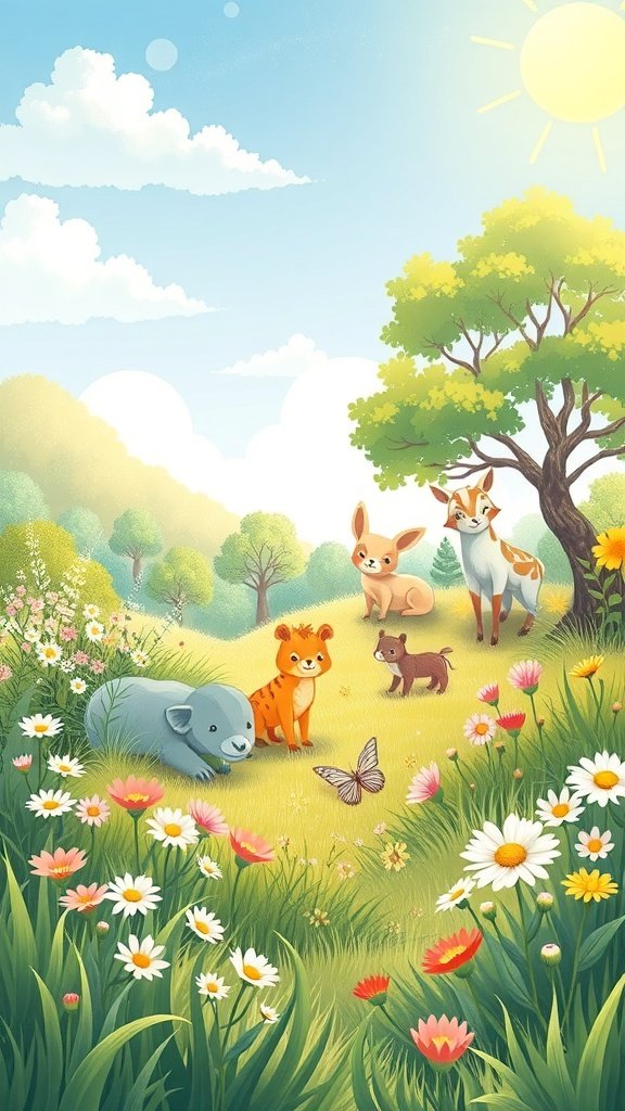 A sunny meadow with cute animals like a tiger cub, a deer, and a piglet surrounded by flowers.