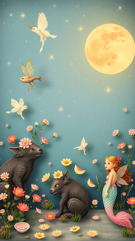 A whimsical scene with a mermaid, cute creatures, and colorful flowers under a moonlit sky.