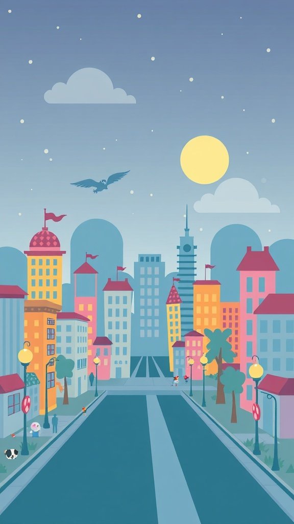 Colorful cityscape illustration with buildings, trees, and a clear sky.