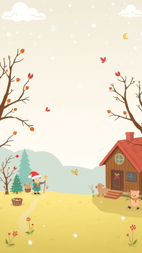 A whimsical wallpaper featuring a cheerful elf, animals, and a cozy cabin in a seasonal setting.