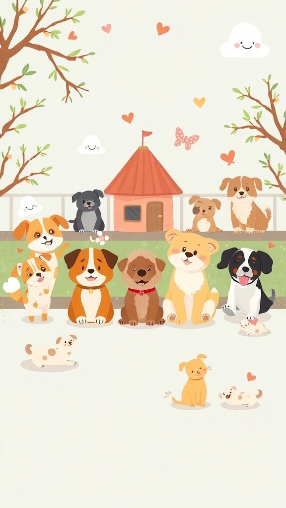 A colorful illustration of various cute dogs and a cat in a playful setting.