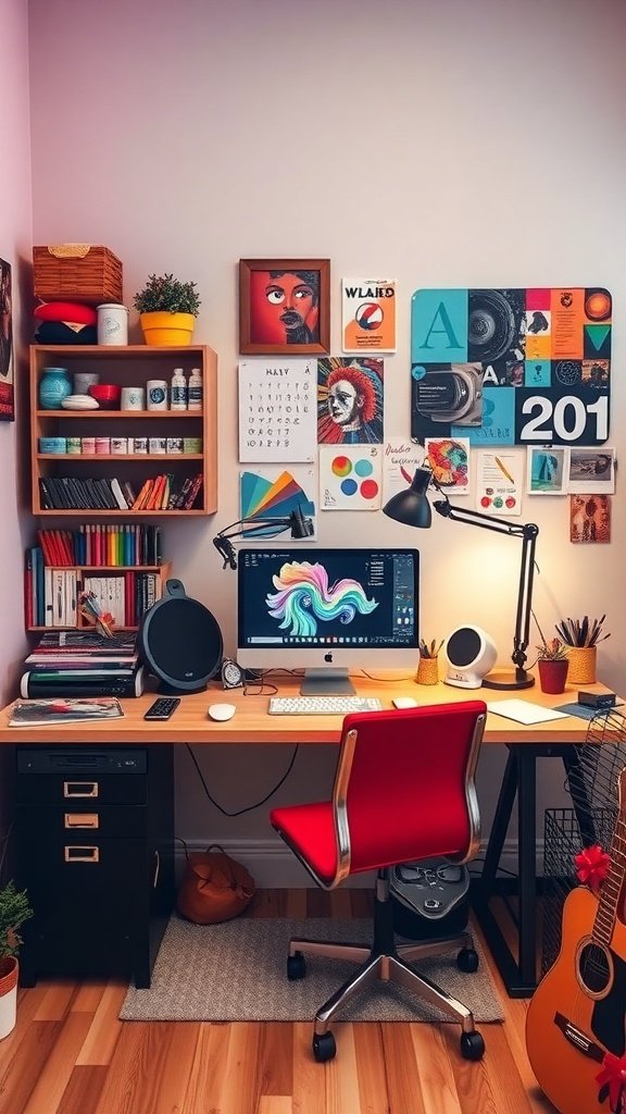A vibrant and colorful creative studio with a desk, computer, and various decorations.