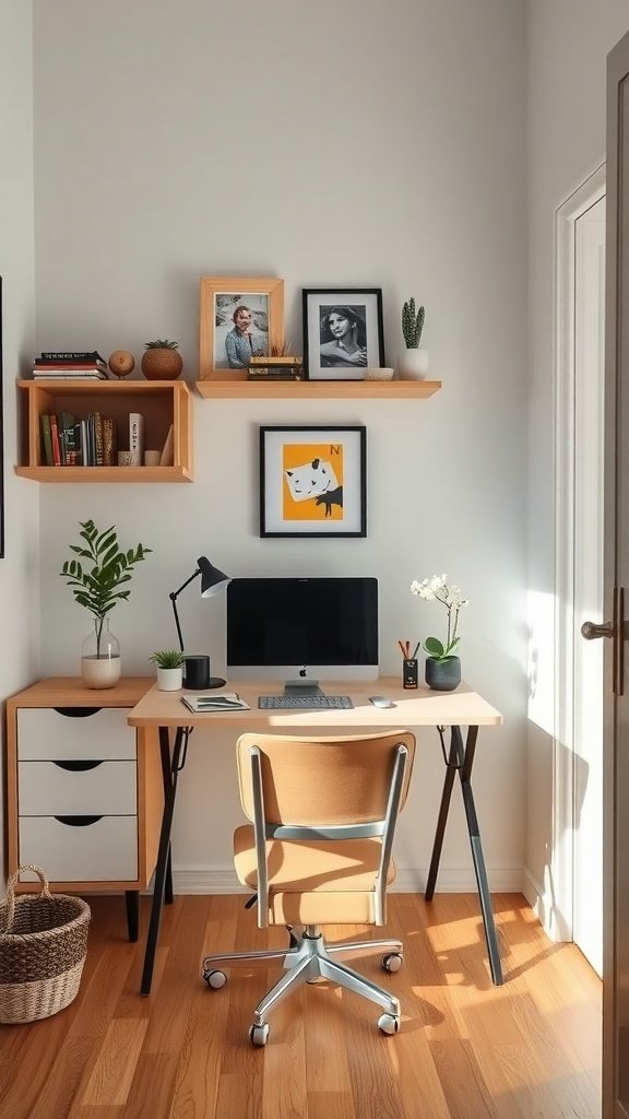 A compact apartment office setup featuring a desk, shelves, and decorative items.
