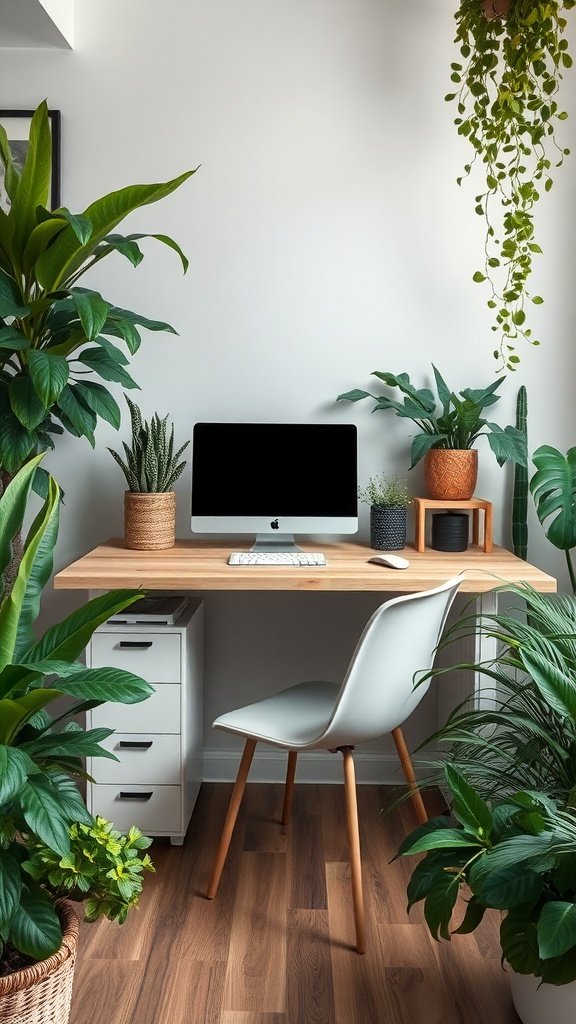 A desk setup surrounded by various indoor plants, featuring a computer and a clean, minimalist design.