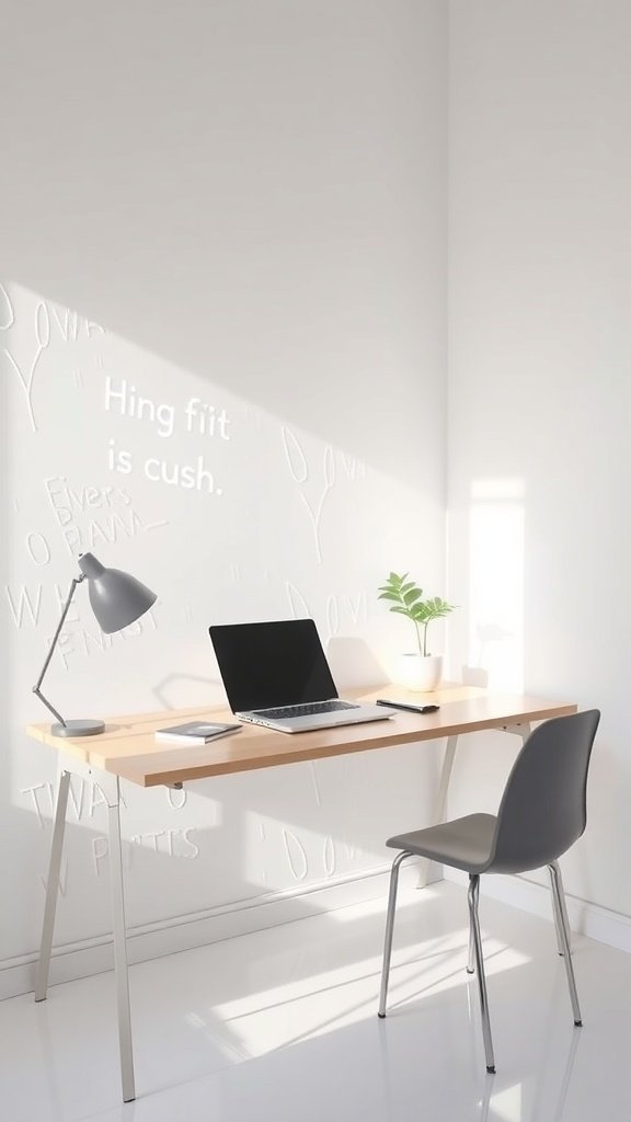 A minimalist desk setup with a laptop, lamp, and plant, bathed in natural light.