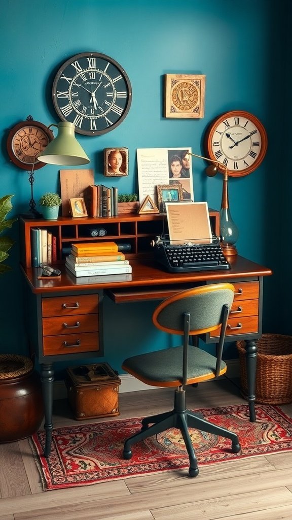 A vintage desk setup featuring typewriters, clocks, and personal decor.