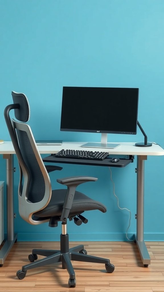 An ergonomic desk with an adjustable chair and computer monitor against a blue wall.