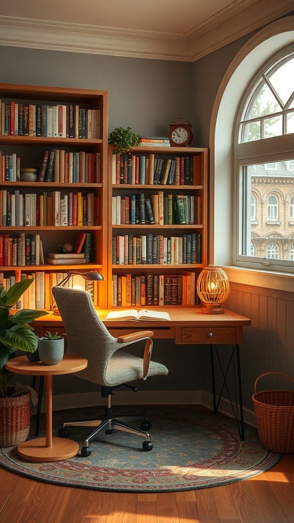 A cozy reading nook with a desk, bookshelves, and a comfortable chair.