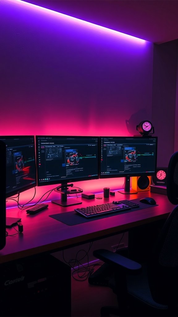 A modern desk setup featuring multiple monitors, ambient lighting, and a sleek design.