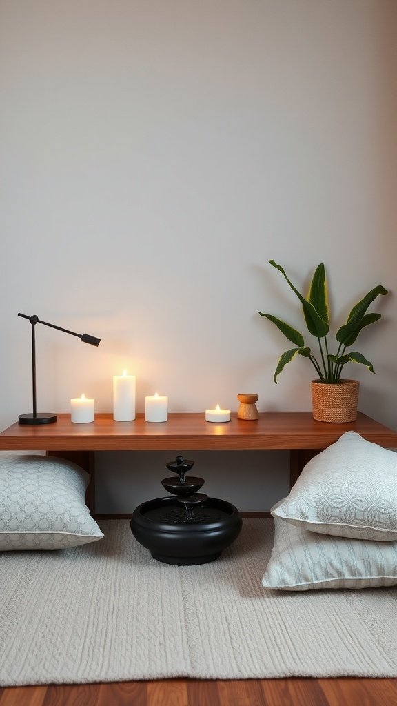 A serene meditation space with pillows, candles, a water fountain, and a plant.