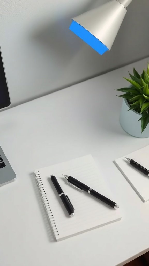 A clean desk setup featuring a lamp, a notebook, and pens, creating a tech-free focus zone.