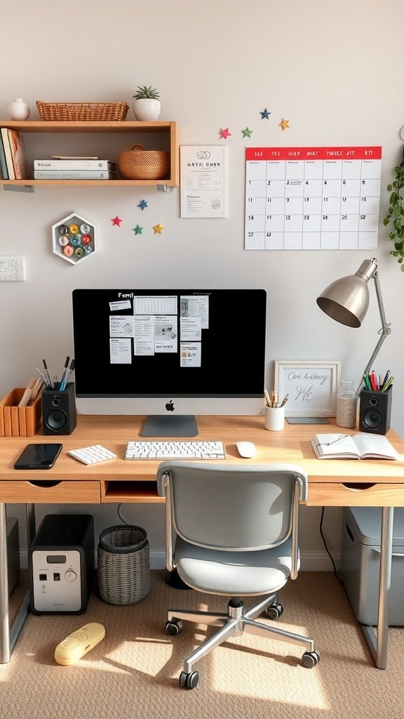 A functional family command center desk setup with a calendar, notes, and organized supplies.