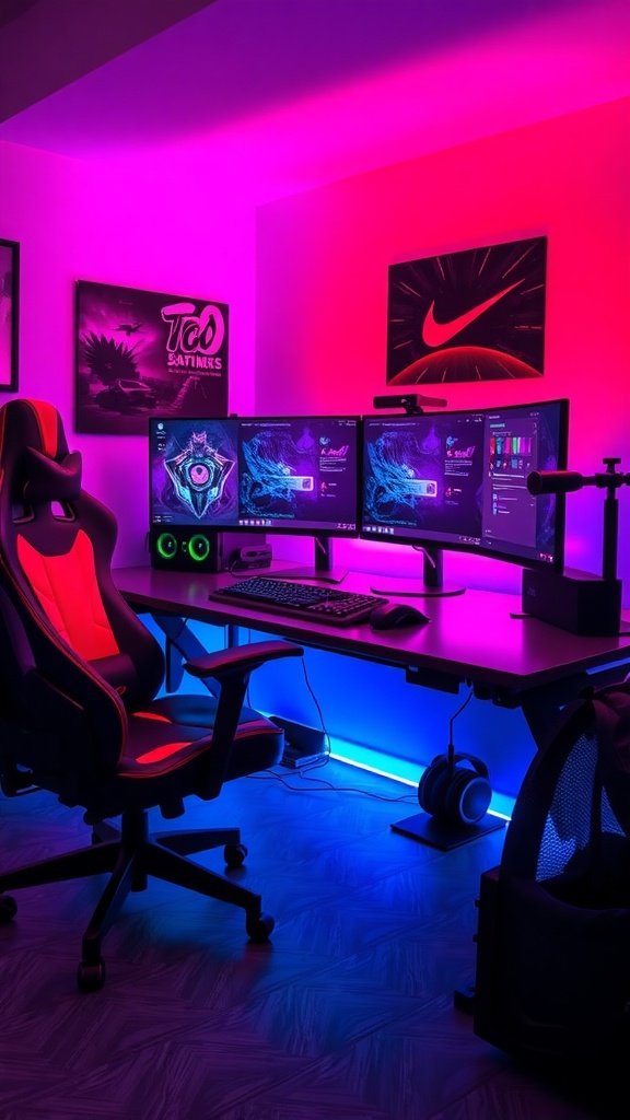 A high-performance gaming station featuring multiple monitors, a gaming chair, and colorful LED lighting.