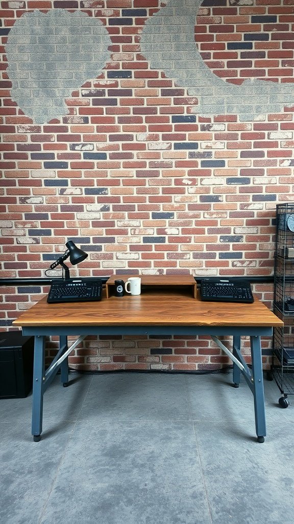 A desk setup featuring a wooden table with metal legs, two keyboards, a lamp, and a brick wall background.
