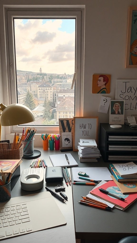 A creative desk setup with colorful art supplies and a view of the city outside.