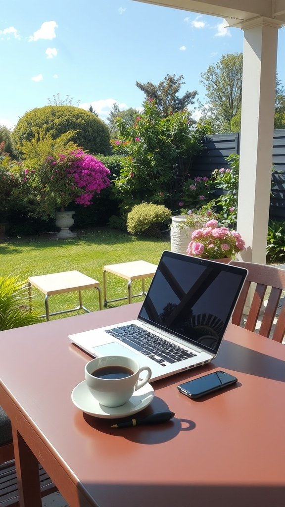 A laptop on a table with a cup of coffee and a phone, surrounded by a beautiful garden.