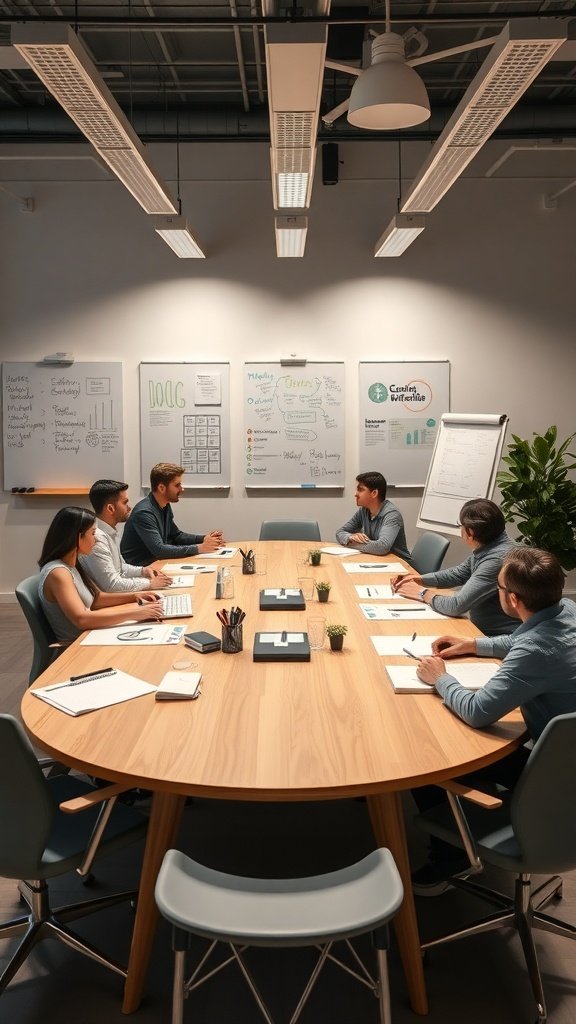 A group of people in a meeting around a round table, discussing ideas with notes and laptops.
