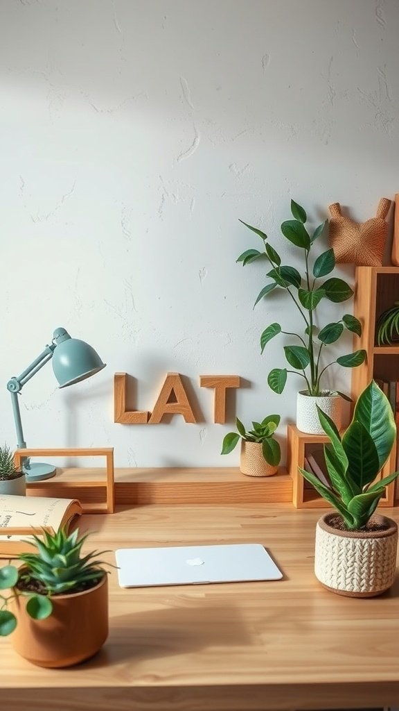 A minimalist desk setup featuring plants, a lamp, and a laptop.