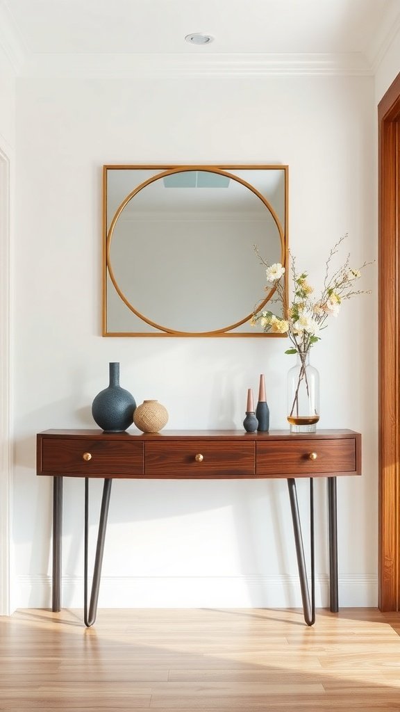 Stylish console table with decorative items and a mirror above.