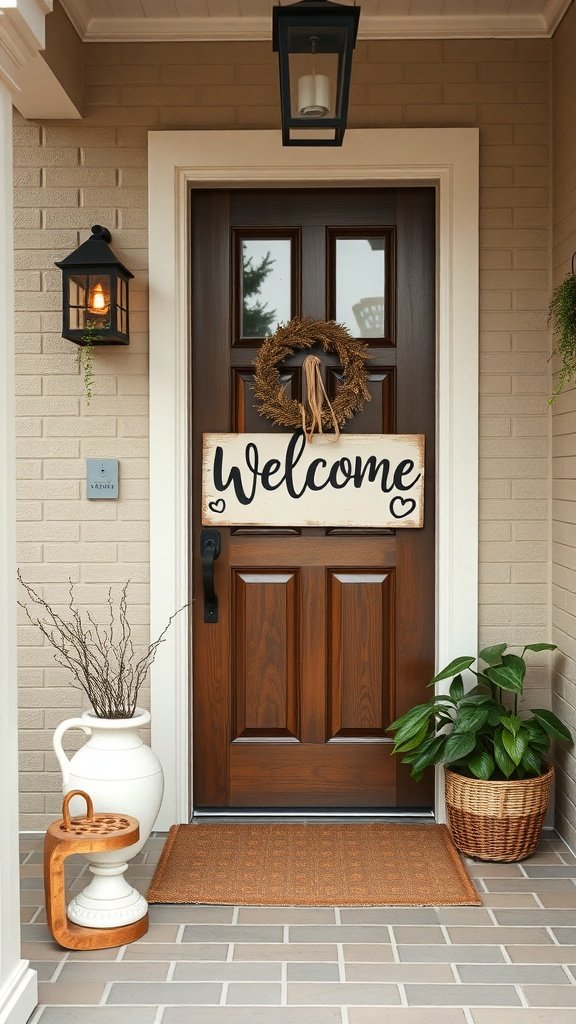 A welcome sign hanging on a front door with a wreath, surrounded by plants and decor.