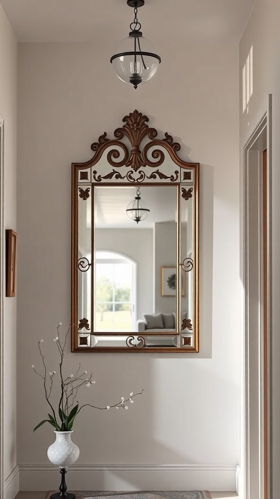 An elegant entryway mirror with a decorative frame, accompanied by a vase and plant.